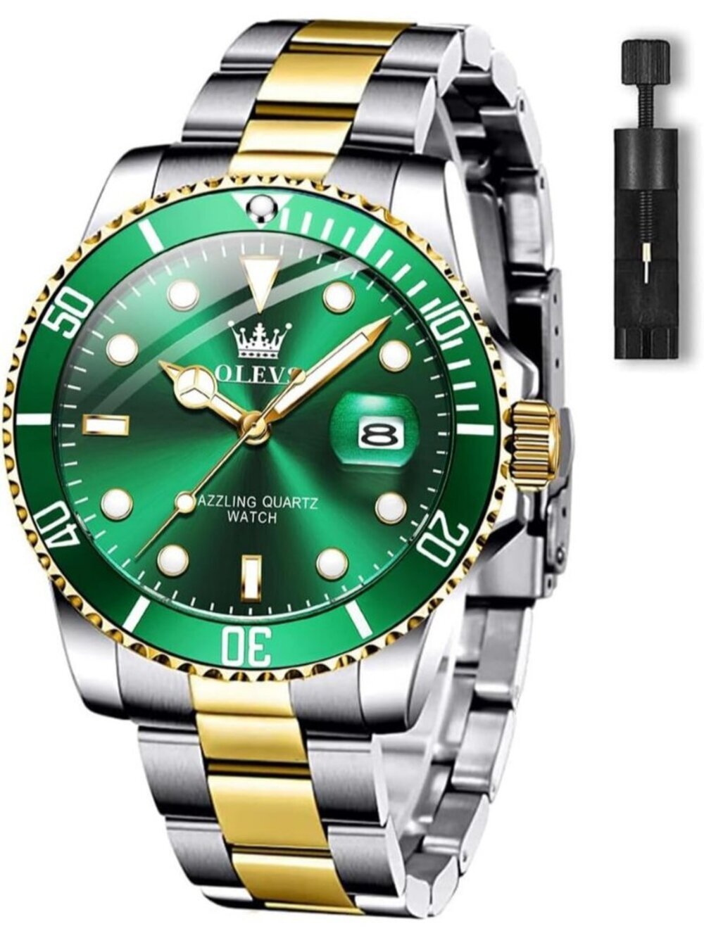 Men's Green Premium Gold and Silver Stainless Analog Rotatable Bezel Steel Watch